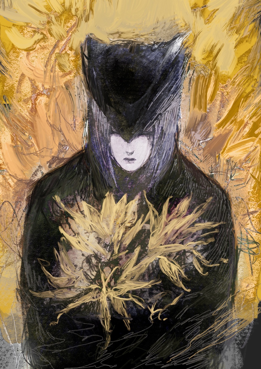 1girl absurdres black_hat bloodborne flower hat highres lady_maria_of_the_astral_clocktower pale_skin peso_(honopesopeso) short_hair solo sunflower tagme vincent_van_gogh_(style) white_hair