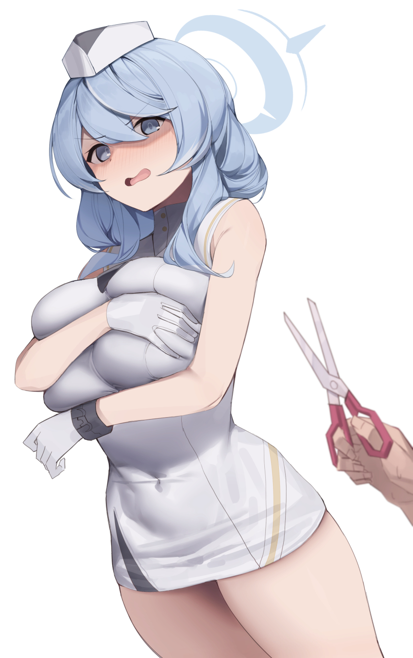 1girl absurdres ako_(blue_archive) bare_legs bare_shoulders blue_archive blue_eyes blue_hair blurry blurry_foreground blush breasts covered_navel covering_privates covering_breasts cowboy_shot cuffs deep_skin dress dutch_angle gloves grabbing_own_breast hair_between_eyes halo hat high_collar highres large_breasts looking_at_viewer medium_hair mung_(larnec) nurse nurse_cap open_mouth pencil_dress pov pov_hands scissors shackles short_dress simple_background sleeveless sleeveless_dress swept_bangs thick_thighs thighs upset white_background white_gloves