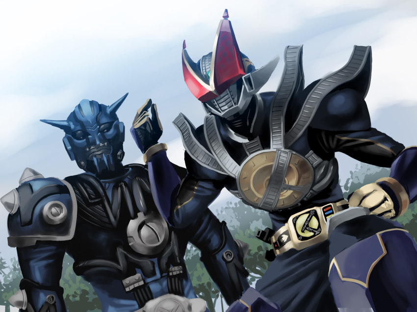 2boys belt dutch_angle gradient_background horns kamen_rider kamen_rider_den-o_(series) kamen_rider_new_den-o male_focus multiple_boys nature obui outdoors plant sky teddy_(kamen_rider_den-o)