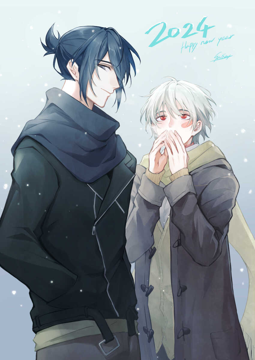 2boys absurdres black_hair breath breathing_on_hands brown_coat coat grey_scarf highres jacket male_focus multiple_boys nezumi_(no.6) no.6 open_clothes open_coat ponytail scarf shion_(no.6) short_hair short_ponytail sleeves_past_wrists snow snowing warming_hands white_hair winter winter_clothes winter_coat yellow_scarf