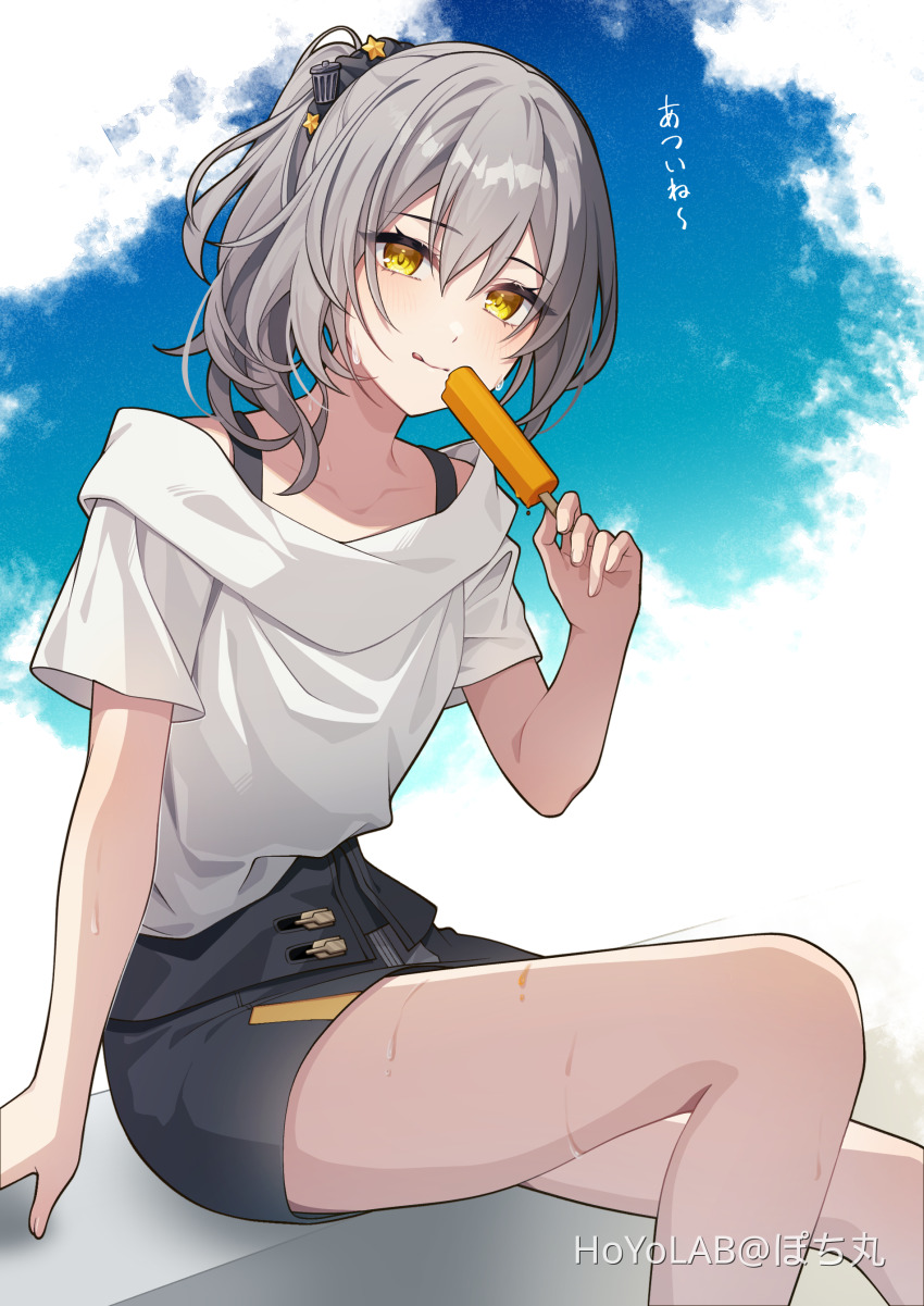 1girl :p absurdres alternate_hairstyle black_scrunchie black_skirt commentary_request food grey_hair hair_ornament hair_scrunchie highres holding holding_food holding_popsicle honkai:_star_rail honkai_(series) long_hair looking_at_viewer melting_popsicle outdoors pochimaru_(marumaru_wanwan) ponytail popsicle scrunchie short_sleeves sitting skirt solo stelle_(honkai:_star_rail) tongue tongue_out trailblazer_(honkai:_star_rail) trash_can_hair_ornament white_hair yellow_eyes