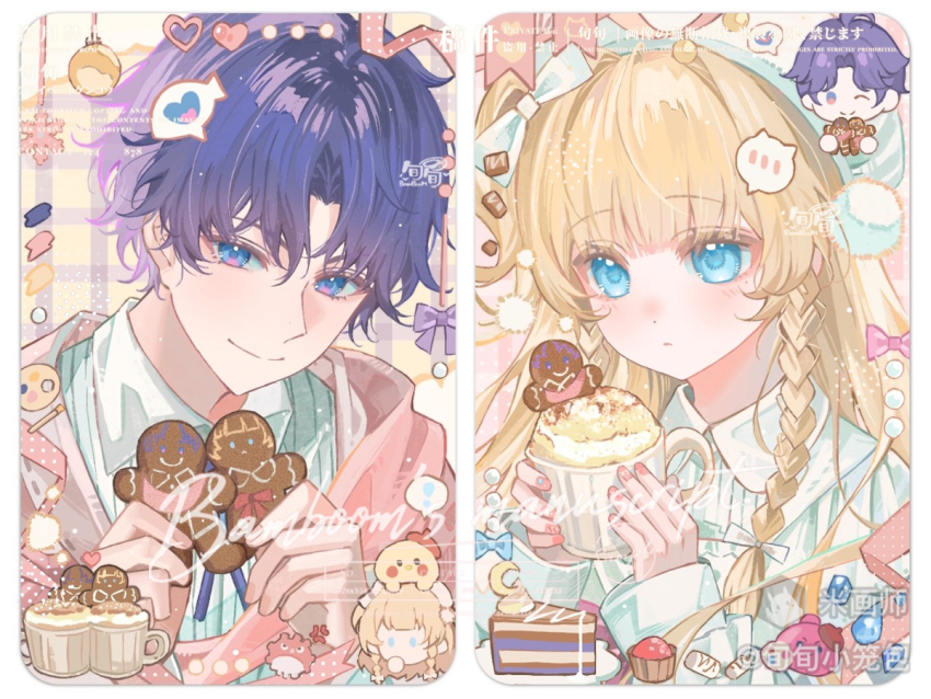 1boy 1girl blonde_hair blue_eyes blush border braid cake cake_slice closed_mouth collared_shirt cookie cup food gingerbread_man holding holding_cookie holding_cup holding_food long_hair long_sleeves mihuashi_username one_side_up original parted_bangs portrait purple_hair shirt short_hair single_braid smile watermark white_border white_shirt xun_xun_xiaolongbao