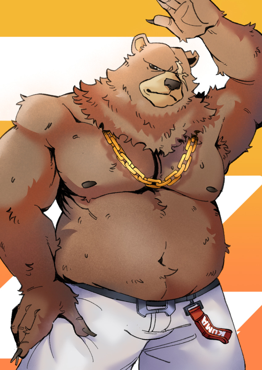 1boy animal_ears arm_up bara bare_pectorals bear_boy bear_ears belly ben_bigger biceps brown_fur chain chain_necklace claws closed_mouth commentary english_commentary fat fat_man furry furry_male hampaslumpia hand_on_own_hip highres jewelry looking_at_viewer male_focus navel necklace nipples notched_ear pants pectorals scar scar_across_eye scar_on_face smile topless_male white_pants zenless_zone_zero