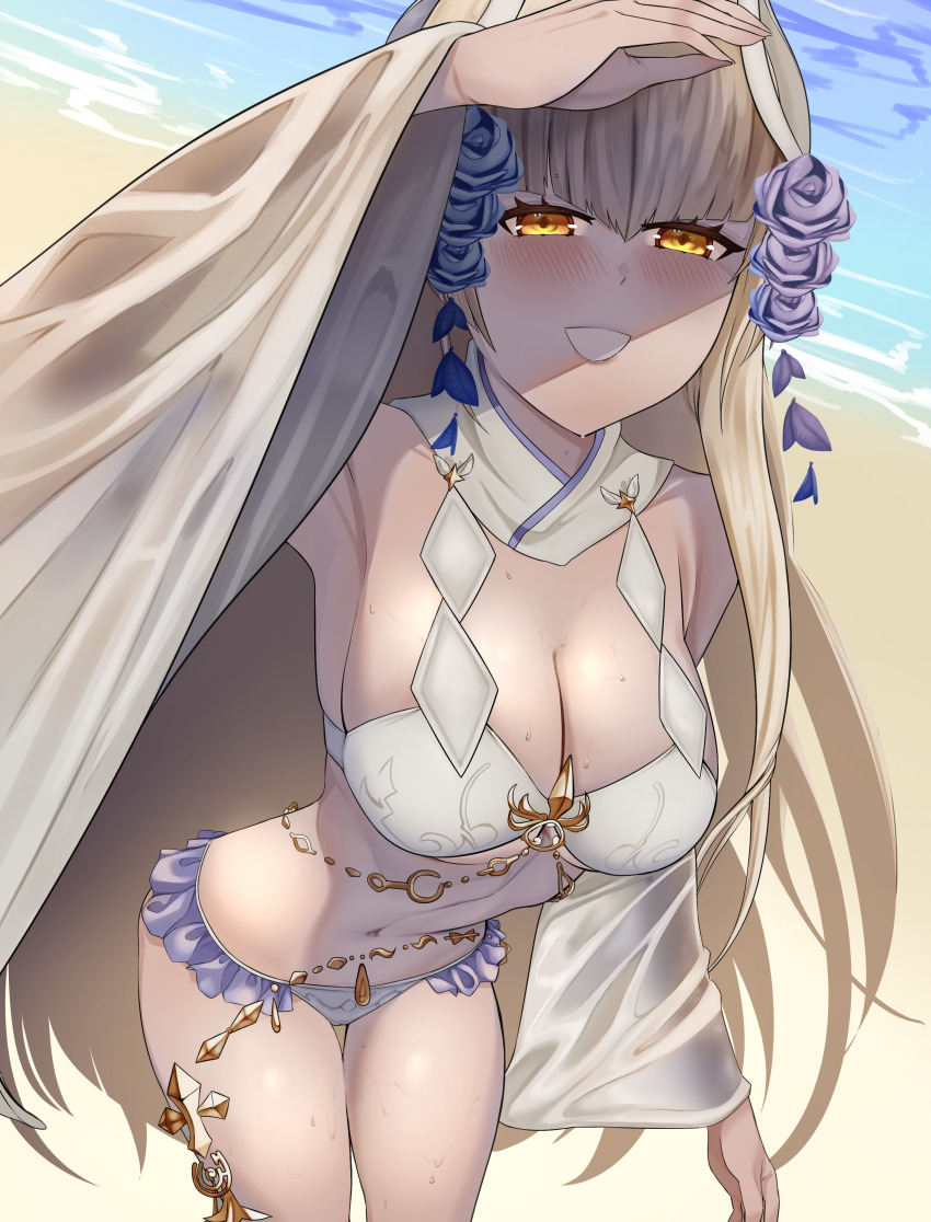 1girl absurdres beach bikini blonde_hair breasts chain cleavage collared_bikini cowboy_shot detached_sleeves dexazael flower frilled_bikini frills gold_chain granblue_fantasy hair_between_eyes hair_flower hair_ornament highres indala_(granblue_fantasy) large_breasts midriff navel official_alternate_costume solo swimsuit