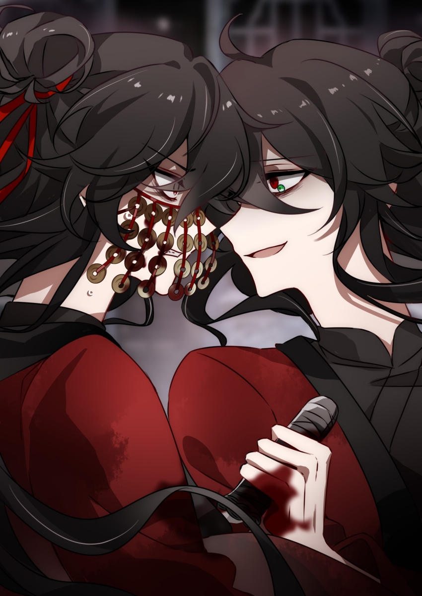 2boys absurdres ahoge bags_under_eyes black_hair black_hanfu blood blood_on_clothes blood_on_face blood_on_hands chinese_clothes chinese_commentary clenched_teeth coat coin coin_mask dao_gui_yi_xian extra_pupils eye_contact face-to-face floating_hair green_eyes hair_bun hair_ribbon half_updo hanfu highres holding holding_sword holding_weapon holed_coin hong_zhong_(illusory) li_huowang long_hair looking_at_another male_focus mask mouth_veil multiple_boys open_mouth profile red_coat red_eyes red_ribbon ribbon shaded_face single_hair_bun smile sweat sword teeth upper_body veil vincent_(xialuotalotta) weapon yandere yaoi zuo_wang_dao