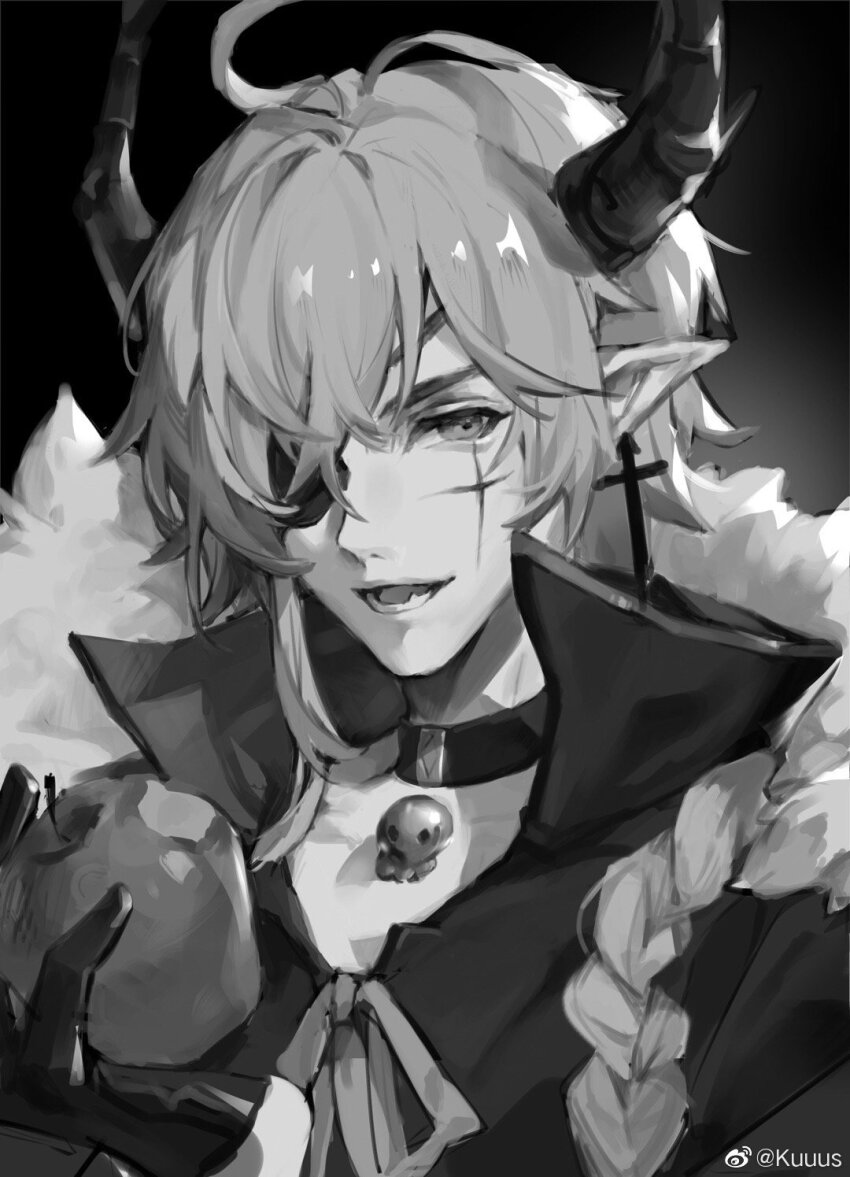1boy apple asymmetrical_bangs black_background chinese_commentary coat collarbone collared_shirt commentary_request cross cross_earrings cross_scar demon_boy demon_horns earrings eyepatch facial_scar fang food fruit fur-trimmed_coat fur_trim gloves greyscale hair_between_eyes half_gloves happy high_collar highres holding holding_food holding_fruit horns jewelry kuuus latex latex_gloves loose_hair_strand lower_teeth_only male_focus monochrome neck_ribbon open_clothes open_coat original pen pointy_ears ribbon scar scar_on_cheek scar_on_face shirt skull_choker smile solo teeth upper_body watermark weibo_watermark