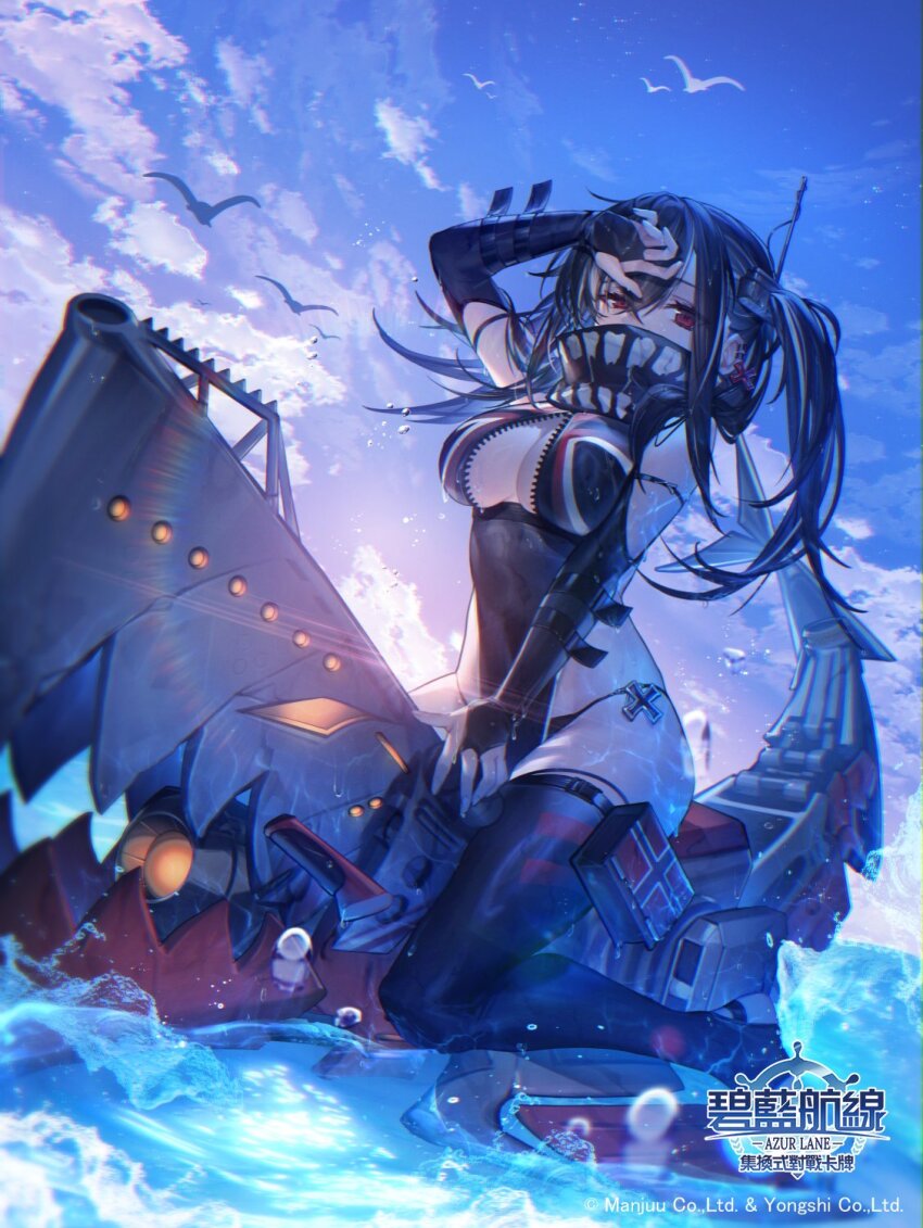 1girl azur_lane bandana bandana_over_mouth bird black_bandana black_hair black_one-piece_swimsuit black_panties breasts bridal_gauntlets cleavage cloud copyright_name cross crossed_bangs ear_piercing earrings front_zipper_swimsuit hair_between_eyes headgear highres iron_cross jewelry large_breasts logo long_hair looking_at_viewer meme_attire mizutama_(mao11260510) multicolored_hair official_art one-piece_swimsuit one_side_up outdoors panties panties_under_swimsuit piercing red_eyes riding sky solo swimsuit thighhighs u-47_(azur_lane) underwear water wet white_hair zipper