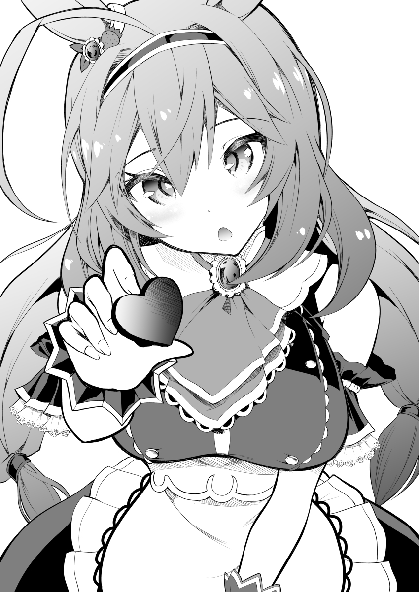 1girl absurdres ahoge animal_ears apron arm_garter armband ascot bare_shoulders blush breasts brooch buttons candy chocolate chocolate_heart commentary detached_collar double-breasted double-parted_bangs dress food frilled_apron frilled_armband frills greyscale hahe hair_between_eyes hairband heart heart-shaped_food highres horse_ears impossible_clothes impossible_dress incoming_food jewelry large_breasts long_hair looking_at_viewer low-tied_long_hair low_twintails mihono_bourbon_(code:glassage)_(umamusume) mihono_bourbon_(umamusume) monochrome official_alternate_costume open_mouth reaching reaching_towards_viewer simple_background sleeveless sleeveless_dress solo twintails umamusume underbust valentine waist_apron white_background wrist_cuffs