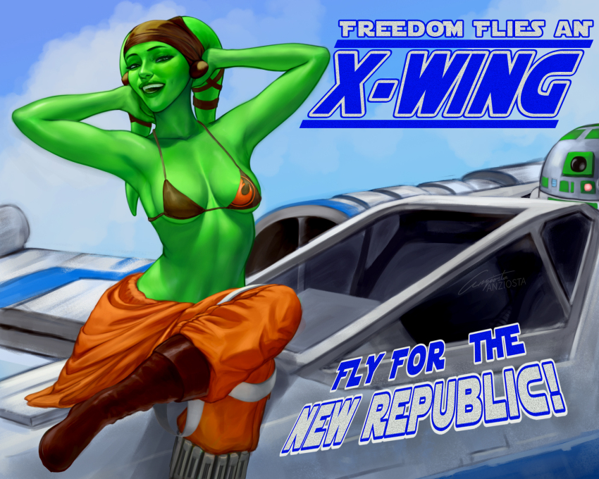 1girl alien anziosta armpits arms_behind_head astromech_droid bikini bikini_top_only blue_sky boots breasts brown_boots cloud collarbone colored_skin crossed_legs day english_text green_eyes green_skin highres jumpsuit jumpsuit_around_waist lekku_(anatomy) looking_at_viewer open_mouth orange_jumpsuit outdoors propaganda robot sitting sky small_breasts solo spacecraft star_wars swimsuit t-70_x-wing teeth twi&#039;lek x-wing