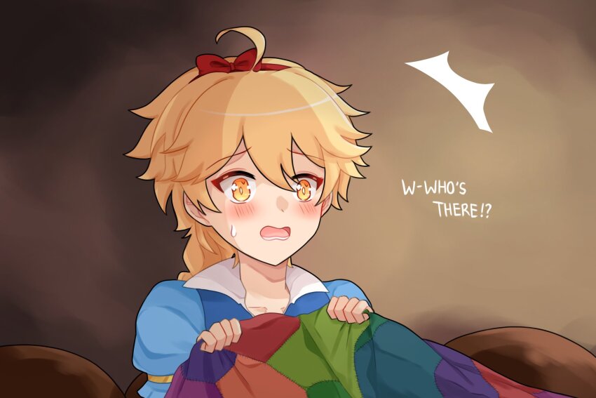 1boy aether_(genshin_impact) ahoge bed blanket blonde_hair blue_dress blush bow braid collarbone collared_dress commentary cosplay crossdressing crossover dress english_commentary english_text genshin_impact hair_between_eyes hairband hands_up highres indoors kyou_0120 long_hair looking_to_the_side male_focus on_bed open_mouth parody puffy_short_sleeves puffy_sleeves red_bow red_hairband short_sleeves sitting snow_white_(disney) snow_white_(disney)_(cosplay) snow_white_and_the_seven_dwarfs solo sweatdrop teeth tongue wall yellow_eyes