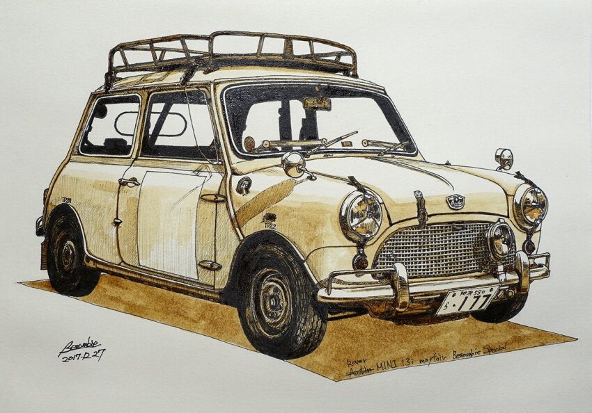 artist_name car dated grey_background ishimoto_takumi license_plate mini_cooper motor_vehicle no_humans original traditional_media vehicle_focus vehicle_name yellow_car