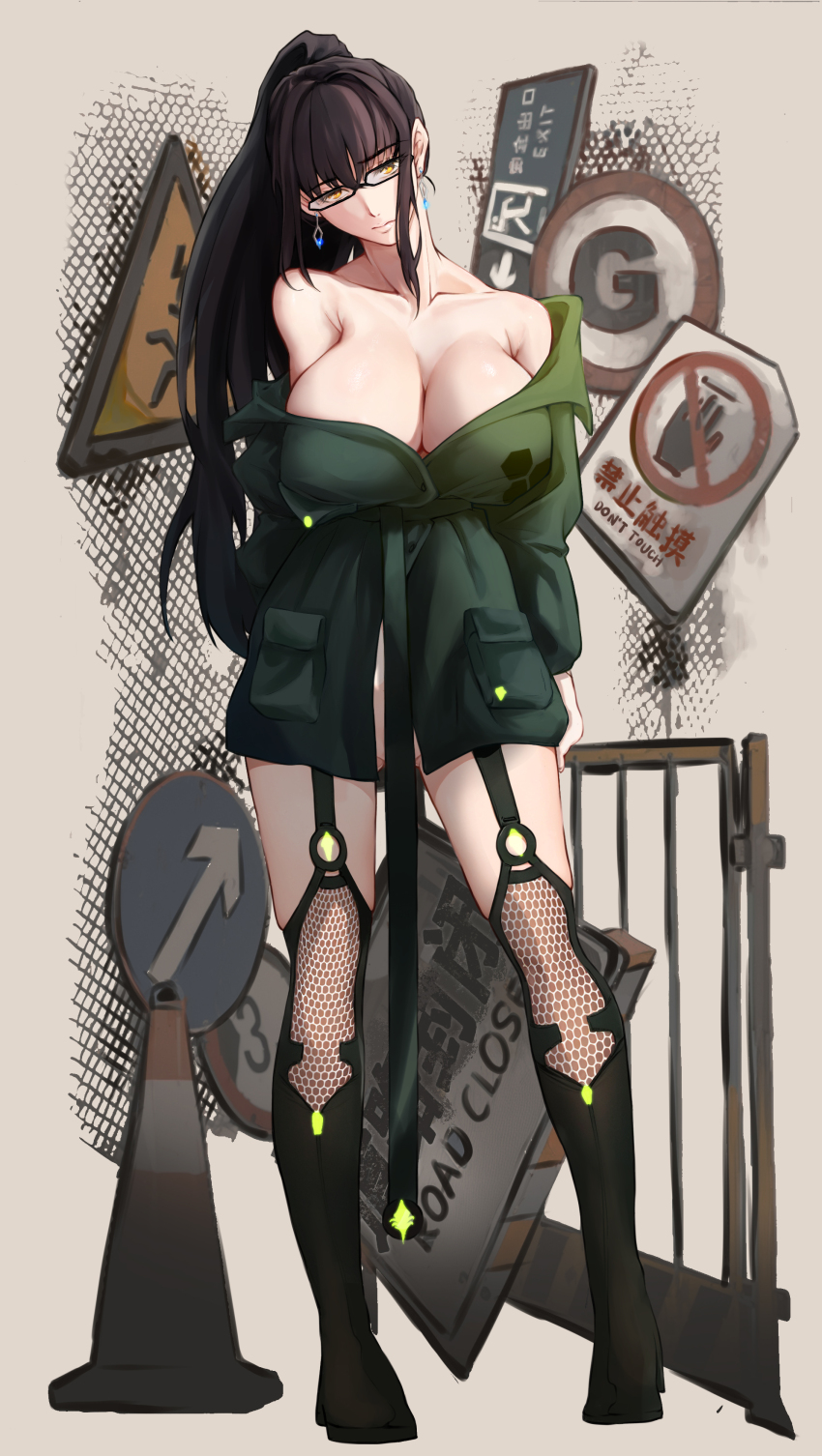 1girl absurdres bare_shoulders black-framed_eyewear black_boots black_hair boots breasts coat commentary convenient_censoring earrings eve_(stellar_blade) garter_straps glasses green_coat head_tilt highres huge_breasts jewelry long_hair looking_at_viewer naked_coat off_shoulder ponytail road_sign sign simple_background sky_ace_(stellar_blade) solo stellar_blade thigh_boots traffic_cone very_long_hair warning_sign zhong_er_bingde_er