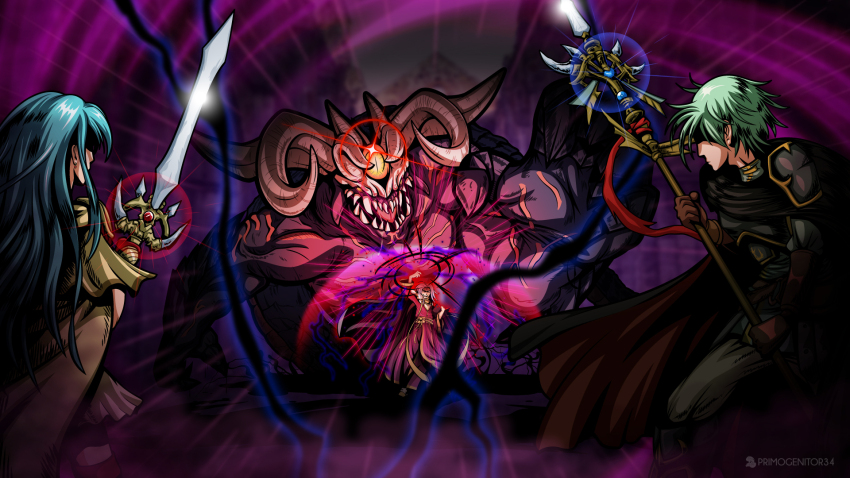 1girl 2boys aura black_lightning cape commission dark_aura demon demon_horns eirika_(fire_emblem) energy_barrier energy_shield ephraim_(fire_emblem) fire_emblem fire_emblem:_the_sacred_stones fomortiis_(fire_emblem) giant giant_monster highres holding holding_polearm holding_sword holding_weapon horns lyon_(fire_emblem) multiple_boys nintendo polearm primogenitor34 purple_sky sky sword weapon