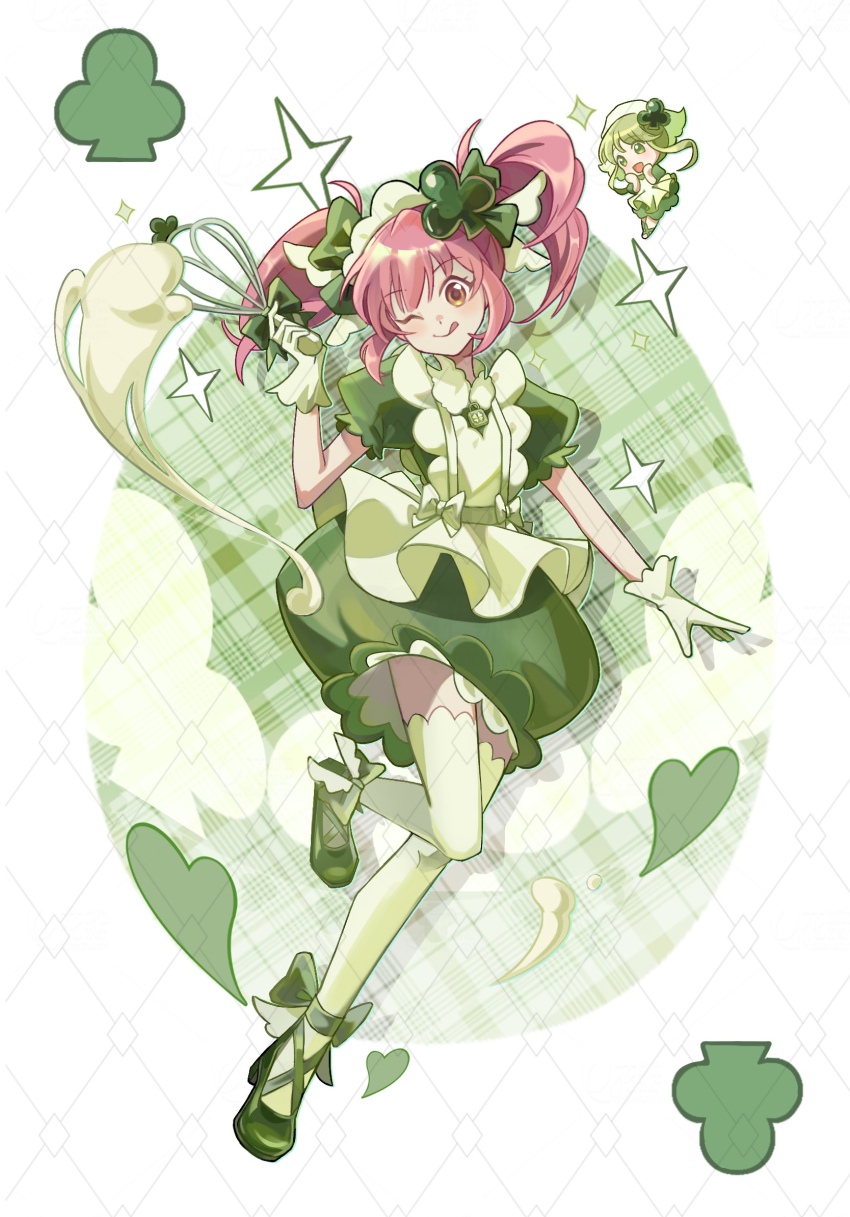 2girls ;q ace_(playing_card) ace_of_clubs amulet_clover apron battle bow brown_eyes bubble_skirt card chen_quming_hao_nan chibi chinese_commentary closed_mouth club_(shape) club_hair_ornament commentary_request cross-laced_shoes dress egg eyelashes footwear_bow frilled_apron frilled_sleeves frills full_body gloves green_apron green_bow green_dress green_eyes green_gloves green_hair green_shoes green_theme hair_bow hands_on_own_cheeks hands_on_own_face happy heart high_heels highres hinamori_amu holding holding_whisk leg_up light_blush looking_at_another looking_at_viewer magical_girl maid maid_headdress multiple_girls one_eye_closed pink_hair playing_card puffy_short_sleeves puffy_sleeves pumps shoes short_dress short_hair short_sleeves short_twintails shugo_chara! skirt smile sparkle suu_(shugo_chara!) tareme tongue tongue_out twintails waist_bow watermark watermark_grid whisk white_background