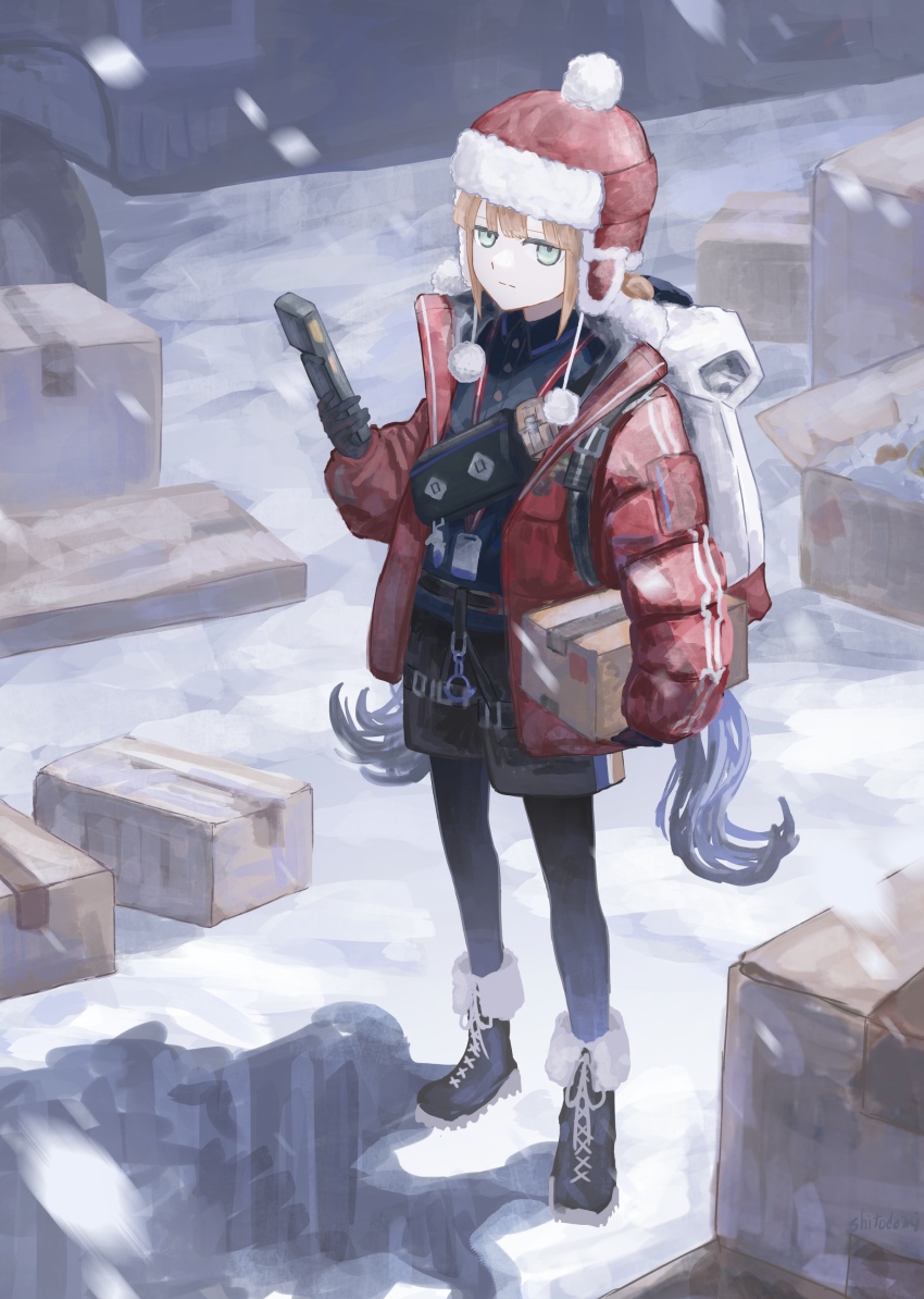 1boy absurdres backpack bag black_boots black_gloves black_pantyhose black_shorts blonde_hair blue_hair blunt_bangs boots box captain_nemo_(fate) captain_nemo_(santa)_(fate) cardboard_box carrying carrying_under_arm closed_mouth collared_shirt commentary_request day down_jacket expressionless fanny_pack fate/grand_order fate_(series) full_body fur-trimmed_headwear fur-trimmed_jacket fur_hat fur_trim gloves green_eyes harness hat highres holding holding_box jacket jitome long_hair looking_at_viewer low_twintails motor_vehicle nemo_(fate) open_clothes open_jacket outdoors pantyhose pantyhose_under_shorts polo_shirt pom_pom_(clothes) red_hat red_jacket shadow shirt shitodo_mi shorts sidelocks snow snowing solo standing truck twintails ushanka