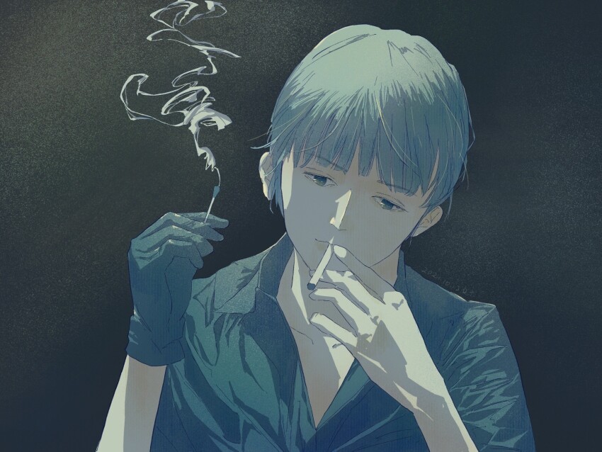 1boy akagi:_yami_ni_oritatta_tensai akagi_shigeru black_background blue_shirt cigarette fukumoto_mahjong gensou_getsumen_rt highres male_focus matches shadow shirt short_hair short_sleeves smoking solo white_hair