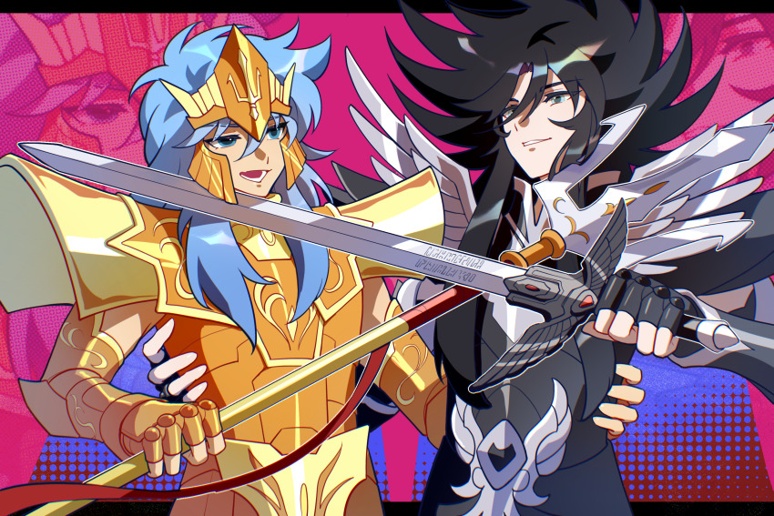2boys absurdres armor black_armor black_hair blue_eyes blue_hair crossed_weapons fingerless_gloves full_armor gloves gold_armor grin hades_(saint_seiya) hand_around_waist hand_on_another&#039;s_waist highres holding holding_sword holding_polearm holding_weapon julian_solo long_hair male_focus metal_wings multiple_boys open_mouth parted_lips polearm poseidon_(saint_seiya) saint_seiya shoulder_armor siblings smile snowflake_(diodarja) sword sword_to_throat trident weapon wings