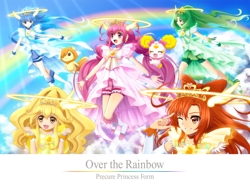 10s 5girls :d aoki_reika bike_shorts blonde_hair blue_eyes blue_hair boots bow bow-shaped_hair candy_(smile_precure!) closed_eyes creature cure_beauty cure_beauty_(princess_form) cure_happy cure_happy_(princess_form) cure_march cure_march_(princess_form) cure_peace cure_peace_(princess_form) cure_sunny cure_sunny_(princess_form) dress earrings english_text glowing green_eyes green_hair green_shorts green_skirt grin hair_flaps hair_over_one_eye hair_tubes halo head_wings high_heels highres hino_akane_(smile_precure!) hoshizora_miyuki jewelry kise_yayoi knee_boots long_hair magical_girl midorikawa_nao multiple_girls one_eye_closed open_mouth orange_eyes orange_hair pink_bow pink_eyes pink_hair pink_skirt pop_(smile_precure!) precure princess_form_(smile_precure!) rainbow sekken_kasu_barrier shoes shorts shorts_under_skirt skirt smile smile_precure! tiara twintails very_long_hair wings wink wrist_cuffs yellow_bow yellow_eyes