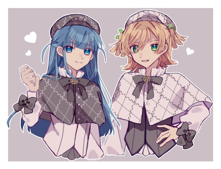 2girls arm_at_side beret black_bow black_bowtie black_capelet black_hat black_shirt blonde_hair blue_eyes blue_hair blunt_bangs border bow bowtie capelet closed_mouth commentary_request cropped_arms cropped_torso daiba_nana frilled_shirt_collar frills green_eyes green_ribbon grey_background hair_between_eyes hair_ribbon hand_on_own_hip hand_up hat heart highres kira_star_99 long_hair long_sleeves multiple_girls outline outside_border parted_lips ribbon shirt short_hair short_twintails shoujo_kageki_revue_starlight side-by-side sidelocks simple_background sleeve_bow smile sparkling_eyes tsuyuzaki_mahiru twintails two_side_up upper_body white_border white_capelet white_hat white_outline white_shirt