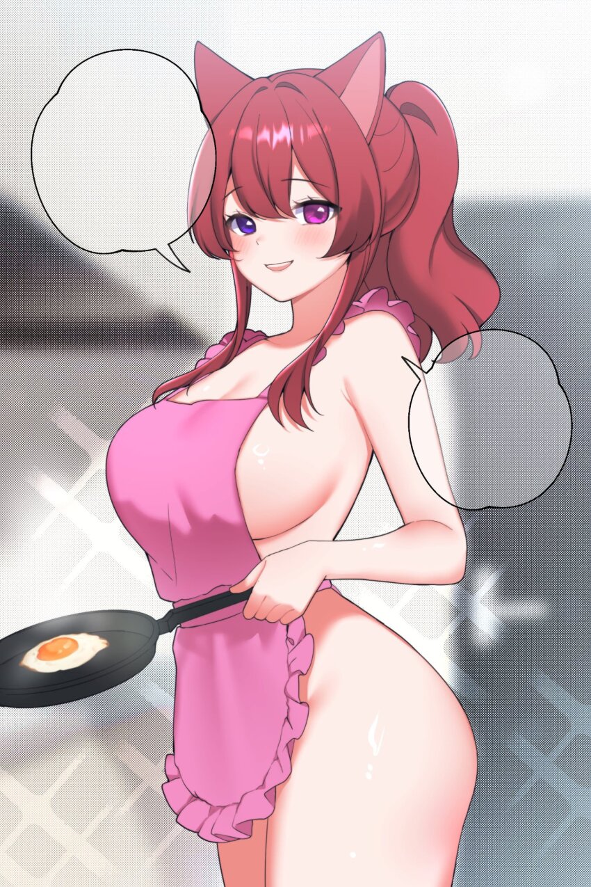 1girl animal_ears blush breasts cat_ears fried_egg frying_pan fyirkingdomsis gift_art hair_between_eyes heterochromia highres holding holding_frying_pan indie_virtual_youtuber large_breasts long_hair looking_at_viewer nude open_mouth overalls pink_eyes pink_overalls pinky_mikaori purple_eyes red_hair second-party_source speech_bubble virtual_youtuber