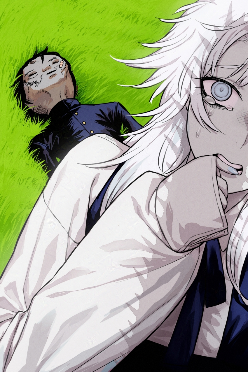 1boy 1girl bandaid bandaid_boy_(chainsaw_man) bandaid_on_face biting_own_finger black_hair chainsaw_man dress gakuran grass grey_eyes haraya_manawari highres looking_at_viewer meme messy_hair mexico_ufo_alien_bodies_hearing_(meme) outdoors pale_skin pinafore_dress school_uniform shirt sleeveless sleeveless_dress teeth white_hair famine_devil_(chainsaw_man) white_shirt