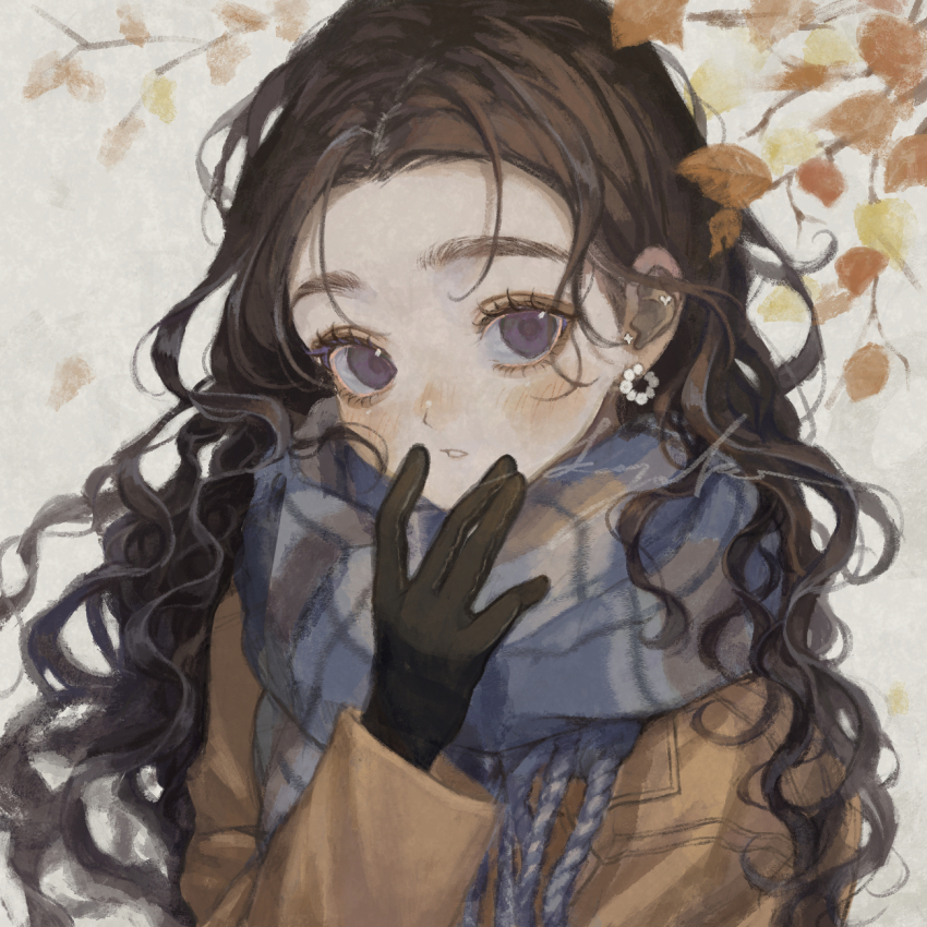 1girl black_gloves blue_scarf brown_coat brown_hair coat curly_hair gloves hand_up highres light_blush long_hair looking_at_viewer original parted_lips sayoko_(sayosny2) scarf solo teeth upper_body
