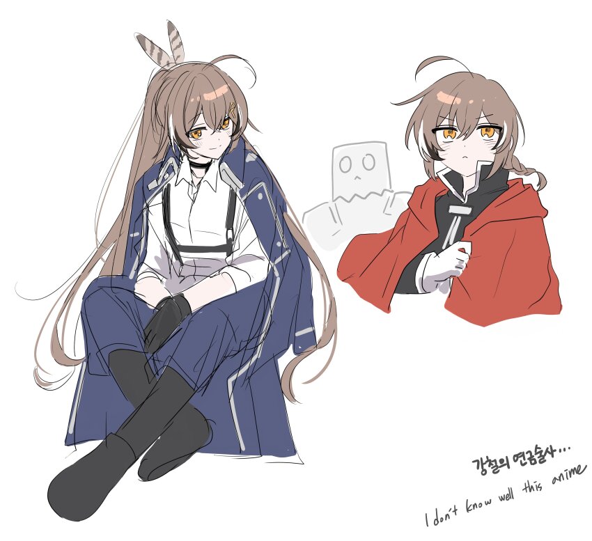 1girl :&lt; absurdres ahoge alphonse_elric alphonse_elric_(cosplay) alternate_hairstyle amestris_military_uniform black_choker black_footwear black_gloves black_jacket blue_coat blue_pants boots braid braided_ponytail brown_eyes brown_hair choker coat coat_on_shoulders collared_jacket cosplay crossed_bangs double-parted_bangs edward_elric edward_elric_(cosplay) english_text engrish_text feather_hair_ornament feathers friend_(nanashi_mumei) fullmetal_alchemist gloves hair_between_eyes hair_ornament hairclip highres hololive hololive_english jacket knee_boots korean_text long_hair looking_at_viewer military_jacket military_uniform multiple_views nanashi_mumei pants ponytail ranguage red_coat shirt sketch sleeves_rolled_up smile very_long_hair virtual_youtuber white_gloves white_shirt xx_tk9