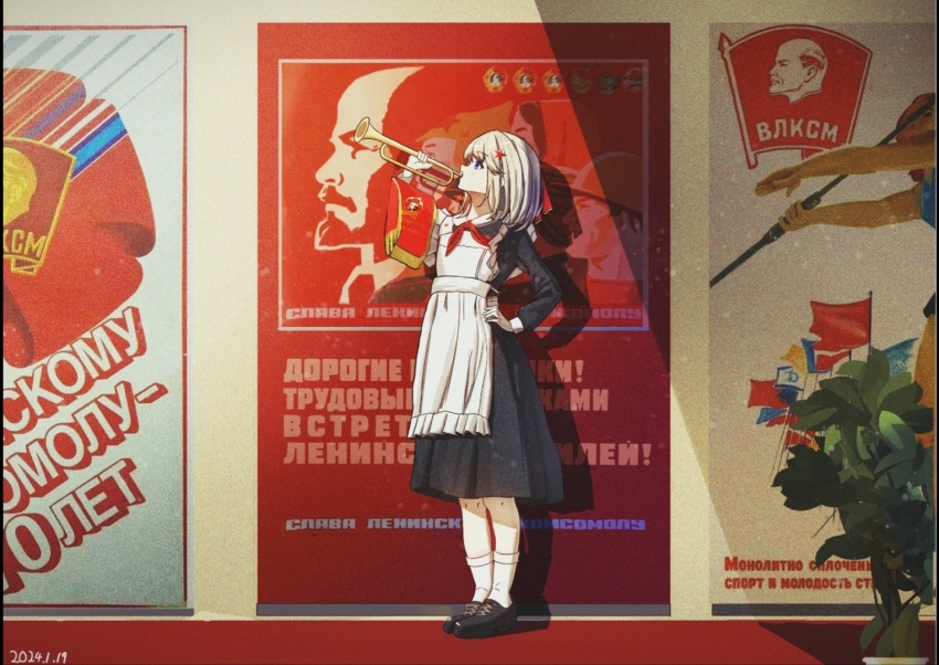 1girl communism hair_ornament hand_on_own_hip helmet instrument original poster_(object) red_flag red_scarf russian_text scarf school_uniform shoes short_hair socks solo soviet soviet_school_uniform translated tree trumpet user_jyux3852 vladimir_lenin white_hair white_socks