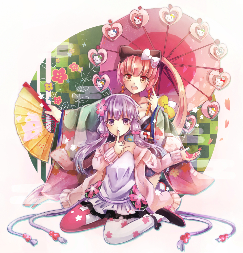 2girls :d bow brown_eyes earrings fang flower folding_fan hair_bow hair_flower hair_ornament hand_fan hello_kitty highres jewelry long_hair multiple_girls nekomura_iroha nekomura_iroha_(vocaloid4) oil-paper_umbrella open_mouth pantyhose ponytail purple_eyes purple_hair red_hair revision sanrio short_hair_with_long_locks sitting smile suisetsu_mizuna twintails umbrella v4x very_long_hair vocaloid voiceroid yokozuwari yuzuki_yukari yuzuki_yukari_(onn) yuzuki_yukari_(vocaloid4)