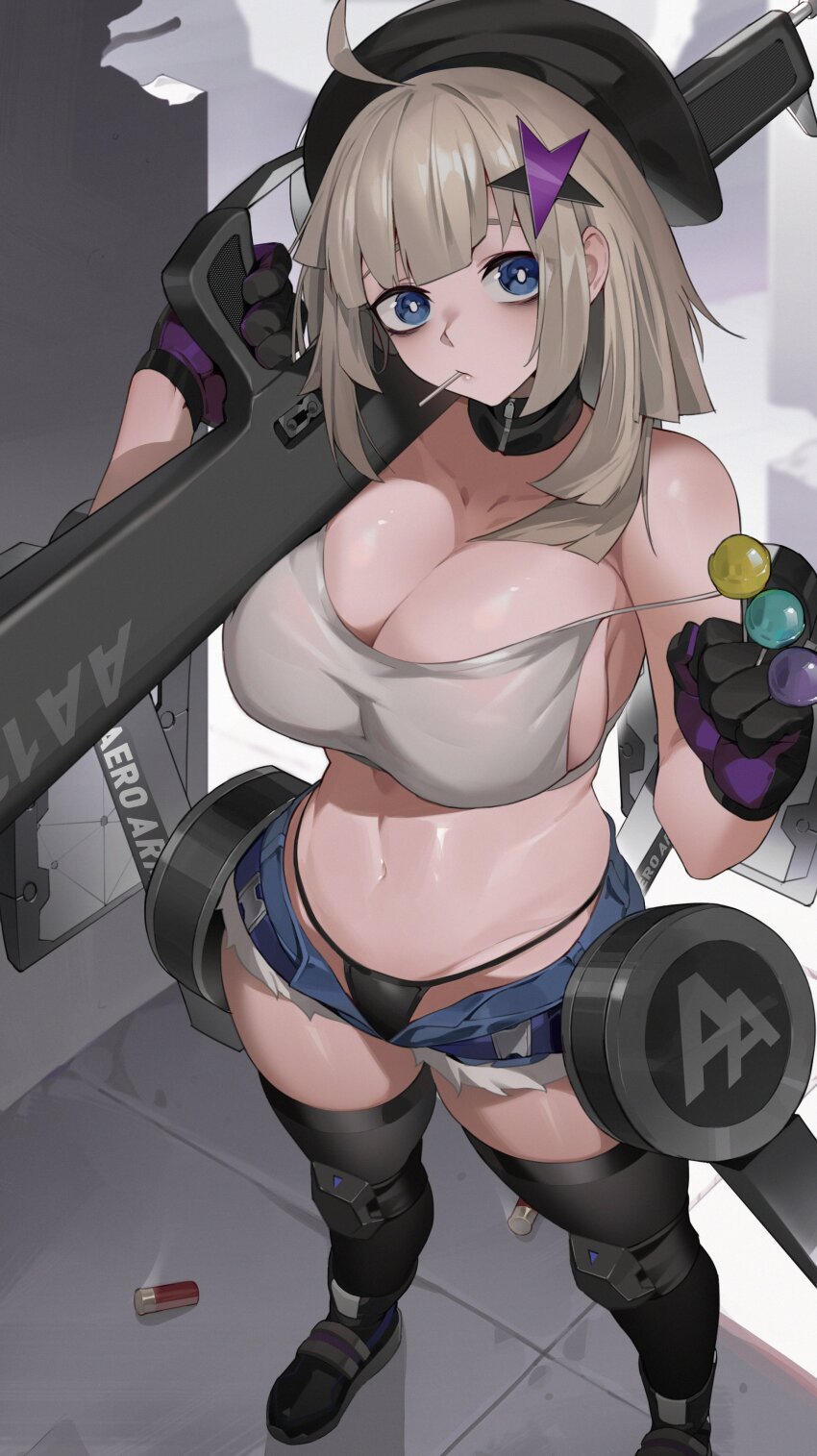1girl aa-12 aa-12_(girls&#039;_frontline) absurdres ahoge automatic_shotgun bags_under_eyes bare_shoulders black_collar black_hat black_panties black_shoes black_thighhighs blue_eyes breasts candy cleavage clenched_hand collar collarbone combat_shotgun commentary commission cutoffs denim denim_shorts drum_magazine english_commentary food food_in_mouth girls&#039;_frontline gloves grey_hair gun hair_between_eyes hair_ornament hat highres holding holding_candy holding_food holding_gun holding_lollipop holding_weapon knee_pads kopam large_breasts lollipop long_hair looking_at_viewer magazine_(weapon) midriff navel open_clothes open_shorts over_shoulder panties shield_module shoes short_shorts shorts shotgun shotgun_shell solo standing star_(symbol) star_hair_ornament stomach strap_slip tank_top thighhighs thighs two-tone_gloves underwear weapon weapon_over_shoulder white_tank_top zipper_pull_tab