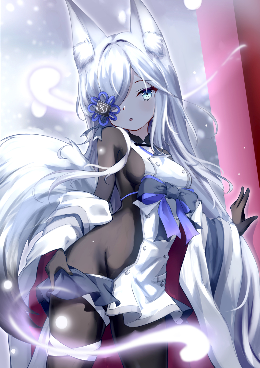 1girl :o absurdres animal_ear_fluff animal_ears azur_lane backlighting black_gloves black_pantyhose blue_eyes blue_ribbon blush bodysuit breasts flower_eyepatch fox_ears fox_tail gloves highres juiceneko kasumi_(azur_lane) kasumi_(retrofit)_(azur_lane) looking_at_viewer medium_breasts one_eye_covered pantyhose retrofit_(azur_lane) ribbon solo tail thigh_strap white_hair