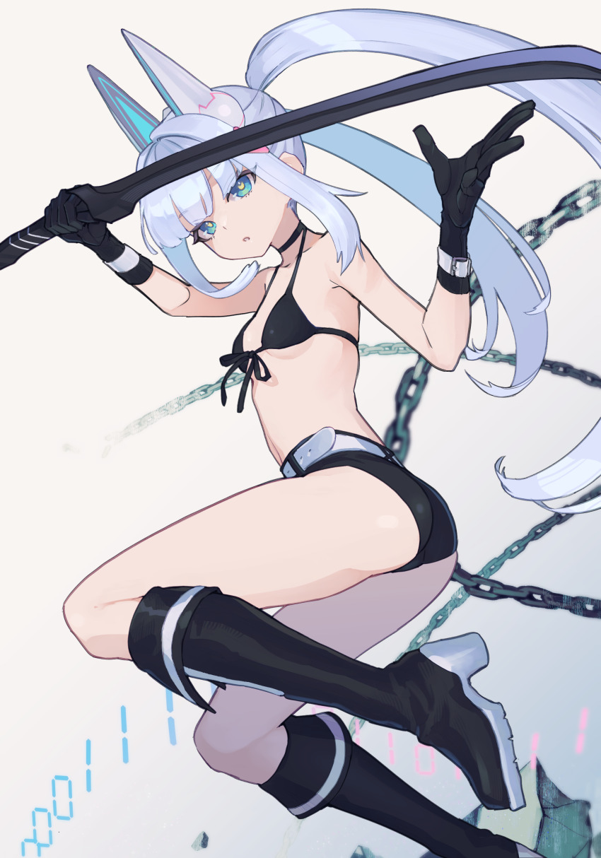 1girl absurdres armpit_crease ass bikini bikini_top_only black_bikini black_boots black_choker black_gloves black_rock_shooter black_rock_shooter_(character) black_rock_shooter_(character)_(cosplay) black_shorts blue_eyes boots breasts choker commission cosplay eien_project gloves highres holding holding_sword holding_weapon jacket knee_boots long_hair looking_at_viewer nanimo_navi parted_lips robot_ears sea_chicken_(umichicken) second-party_source shorts simple_background small_breasts solo swimsuit sword twintails virtual_youtuber weapon white_background white_hair