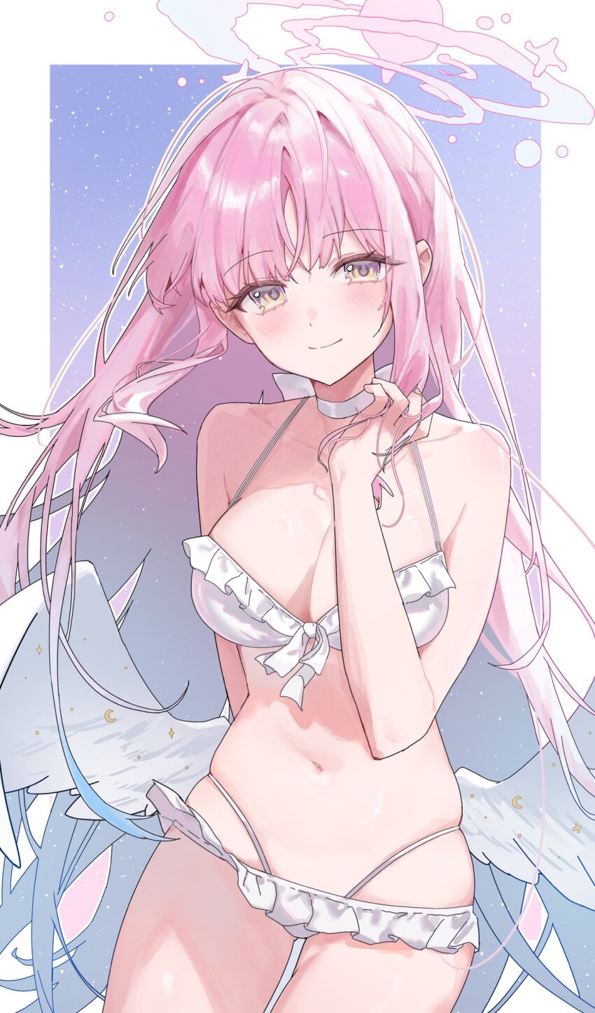 1girl bikini blue_archive blue_hair blue_halo breasts choker cleavage feathered_wings frilled_bikini frills gradient_hair gradient_halo halo hand_in_own_hair highres large_breasts long_hair looking_at_viewer low_wings luna_(luna610) mika_(blue_archive) mika_(swimsuit)_(blue_archive) multicolored_hair multicolored_halo navel official_alternate_costume pink_hair pink_halo skindentation solo star_(sky) starry_sky_background swimsuit thighs thong_bikini very_long_hair white_background white_bikini white_choker wing_ornament wings yellow_eyes