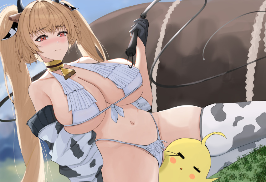 1girl animal_ears animal_print azur_lane bell bikini black_gloves blonde_hair blurry blurry_background breasts bull cleavage cow_ears cow_horns cow_print cow_print_thighhighs cowbell fake_horns gloves half_gloves highres horns huge_breasts kersaint_(a_saint&#039;s_mercy_can_do_no_wrong)_(azur_lane) kersaint_(azur_lane) long_hair manjuu_(azur_lane) official_alternate_costume print_thighhighs red_eyes saraartto solo swimsuit thighhighs twintails very_long_hair white_bikini