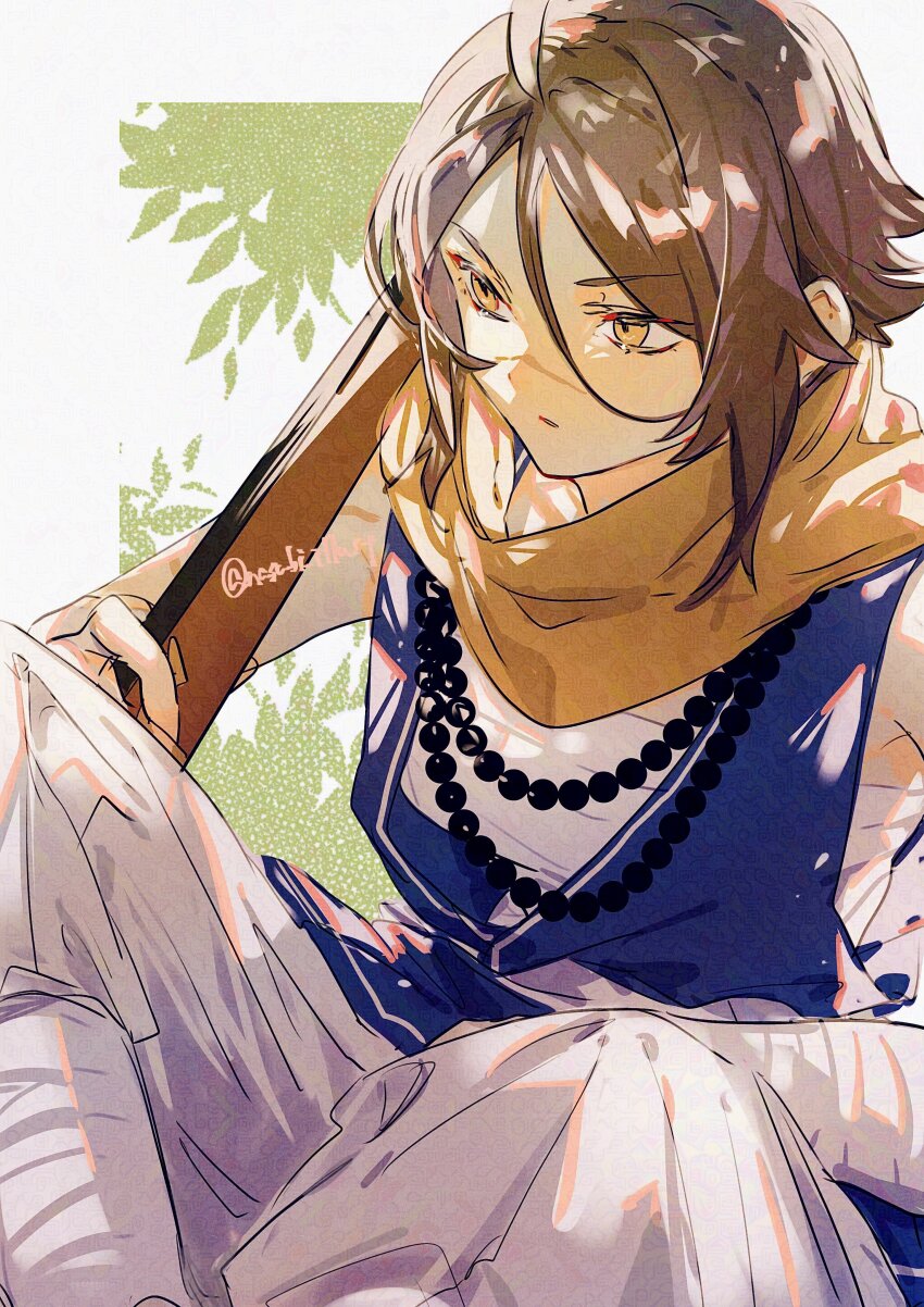 1girl absurdres ahoge bead_necklace beads brown_eyes brown_hair chest_sarashi fate/grand_order fate_(series) gun highres jewelry nasubi_illust necklace over_shoulder rifle sarashi scar scar_on_face scar_on_nose scarf sitting sugitani_zenjubou_(fate) sugitani_zenjubou_(third_ascension)_(fate) twitter_username weapon weapon_over_shoulder yellow_scarf