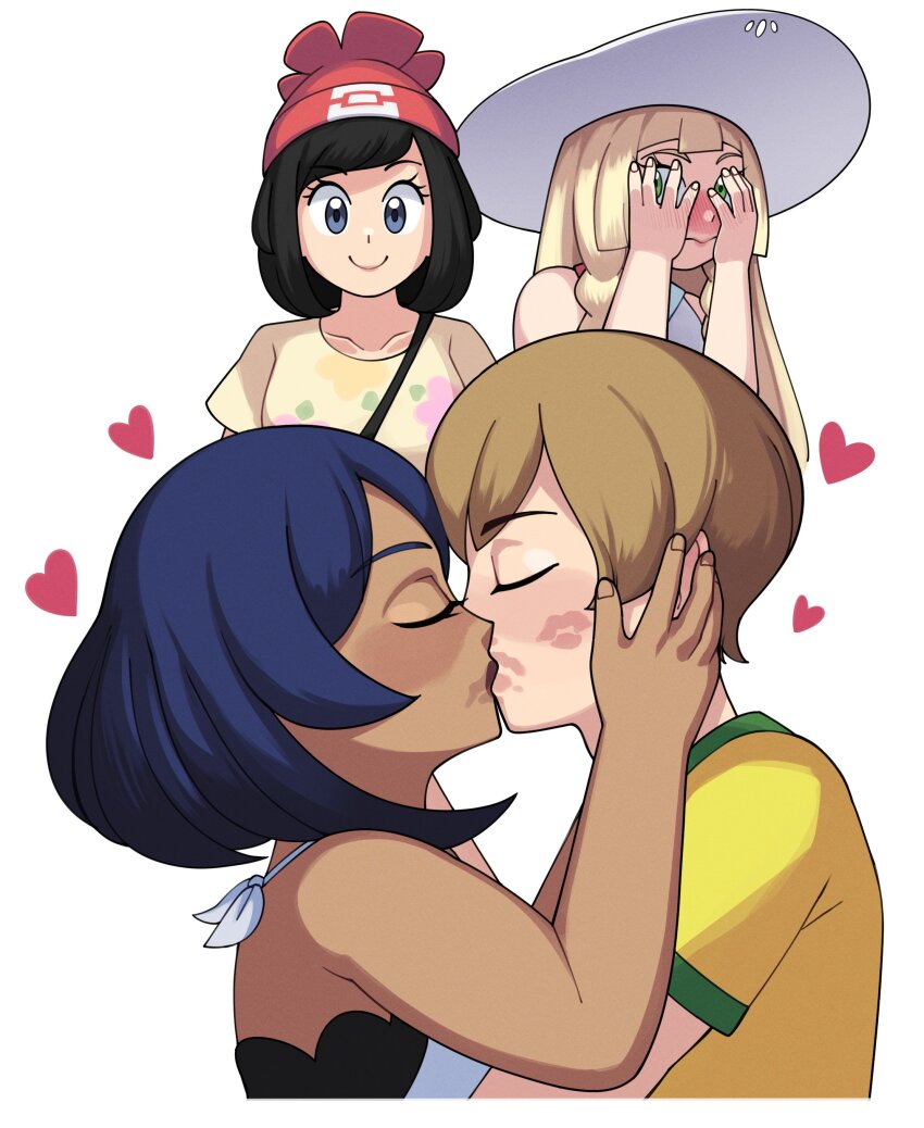 1boy 3girls absurdres black_hair blonde_hair blush closed_eyes collarbone covering_face dark-skinned_female dark_skin dexio_(pokemon) floral_print green_eyes hat heart hetero highres lillie_(pokemon) lipstick_mark lipstick_mark_on_face looking_at_another multiple_girls nintendo pokemon pokemon_sm purple_hair selene_(pokemon) sina_(pokemon) sun_hat white_background yamouri