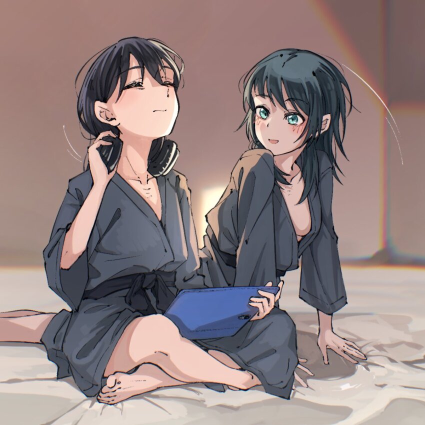 2girls bang_dream! bang_dream!_it&#039;s_mygo!!!!! barefoot bathrobe black_hair blue_eyes blush breasts cleavage closed_eyes closed_mouth collarbone commentary_request doki_(oox3o) headphones headphones_around_neck highres holding holding_tablet_pc large_breasts long_hair lying medium_breasts medium_hair multiple_girls no_bra on_bed on_side open_clothes open_mouth open_robe parted_lips robe shiina_taki sitting stylus tablet_pc yahata_umiri yuri