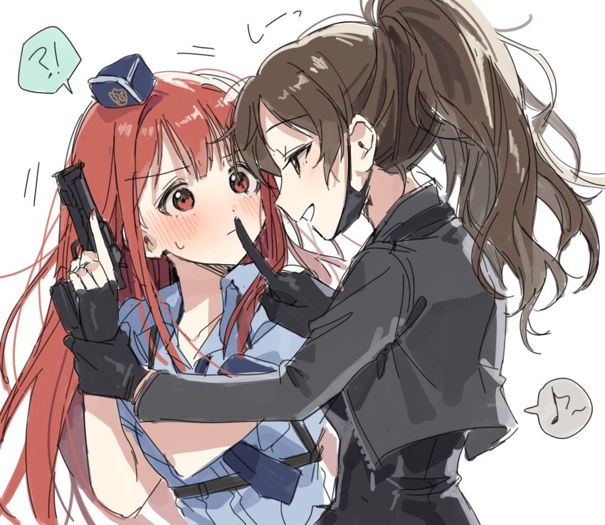 !? 2girls black_gloves black_jacket blush brown_eyes brown_hair closed_mouth concept_police_(idolmaster) cropped_jacket finger_to_another&#039;s_mouth fingerless_gloves garrison_cap gloves grin gun handgun hano9789 hat highres holding holding_gun holding_weapon idolmaster idolmaster_million_live! jacket kitazawa_shiho long_hair long_sleeves multiple_girls musical_note official_alternate_costume one_eye_closed police police_uniform policewoman ponytail red_eyes red_hair sexy_spy_(idolmaster) simple_background smile speech_bubble spoken_musical_note tanaka_kotoha upper_body weapon white_background yuri