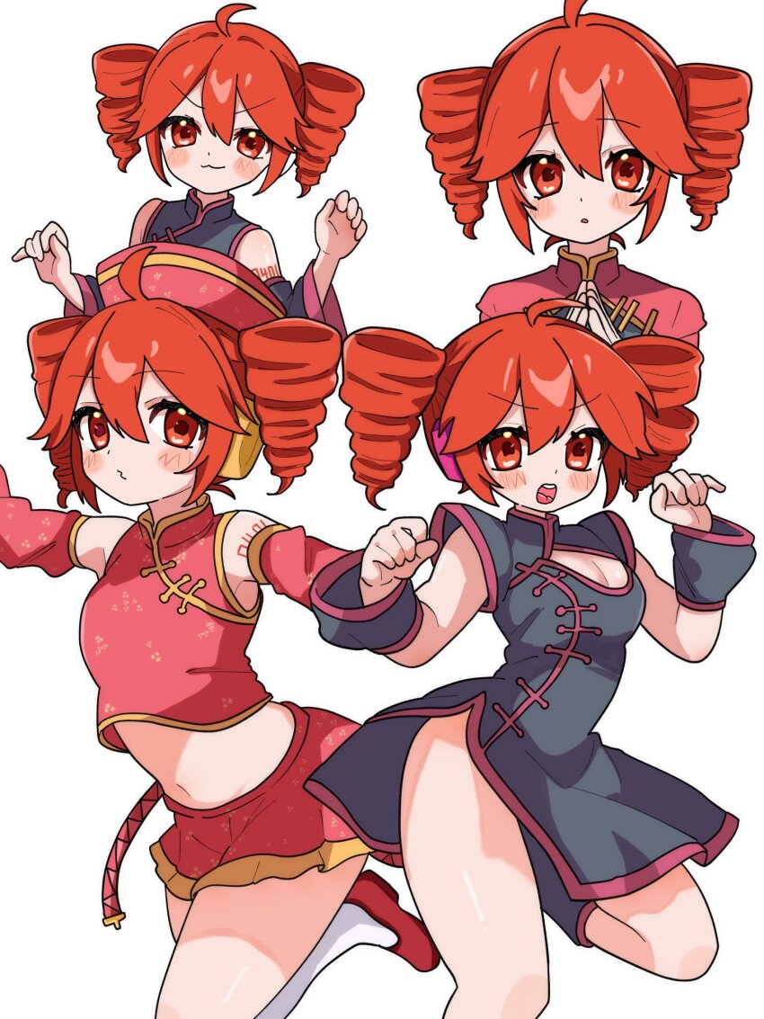 1girl adapted_costume ahoge alternate_costume china_dress chinese_clothes closed_mouth cropped_shirt detached_sleeves dress drill_hair flats grey_dress hair_between_eyes hands_up haru_maron highres kasane_teto kasane_teto_(utau) looking_at_viewer midriff miniskirt multiple_views open_mouth red_eyes red_hair red_shirt red_shoes red_skirt shirt shoes short_dress short_sleeves side_slit skirt sleeveless sleeveless_shirt socks twin_drills utau white_background white_socks