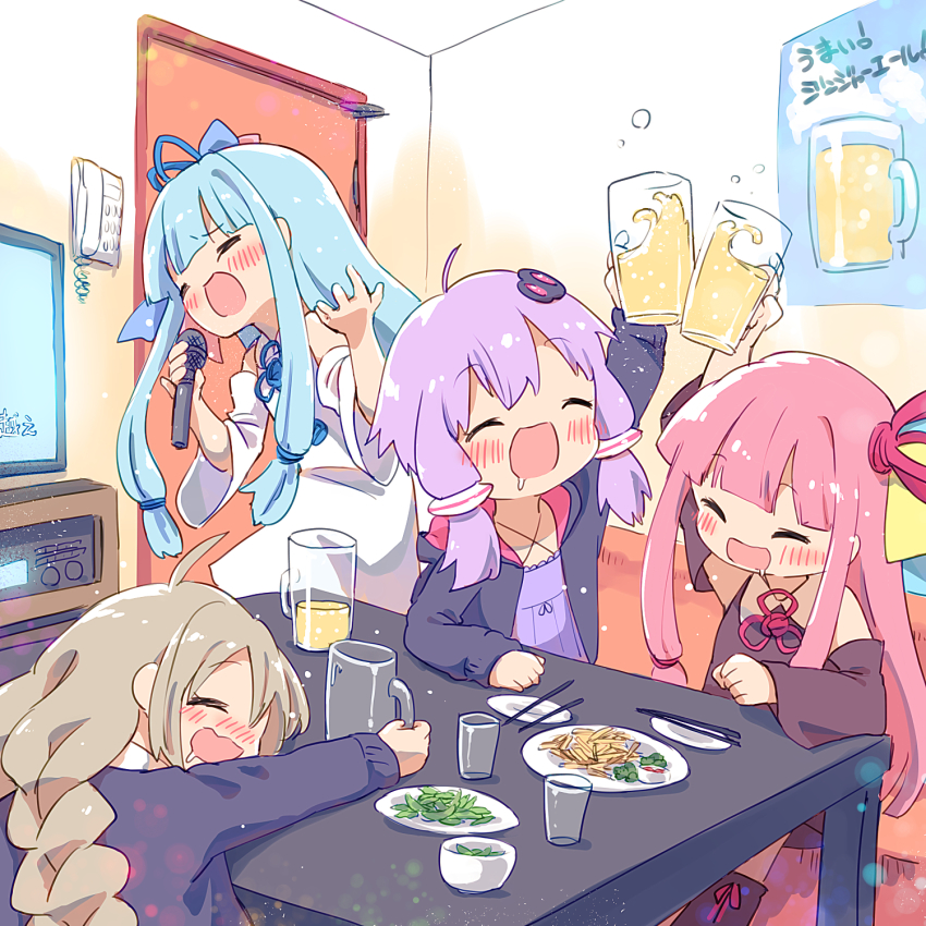 4girls ahoge arm_up ayakashi_(monkeypanch) bare_shoulders black_jacket blue_hair blunt_bangs blush bubble chopsticks class closed_mouth commentary criss-cross_halter cup detached_sleeves dress food hair_ornament hair_ribbon halterneck head_rest highres holding holding_cup indoors jacket japanese_clothes karaoke kizuna_akari kotonoha_akane kotonoha_aoi light_blue_hair long_hair microphone multiple_girls music open_mouth peas phone pink_hair pitcher_(container) plate platinum_blonde_hair poster_(object) purple_dress purple_hair ribbon saliva shirt sidelocks singing sleeveless sleeveless_shirt smile standing television toasting_(gesture) translated very_long_hair vocaloid voiceroid white_shirt white_sleeves yuzuki_yukari
