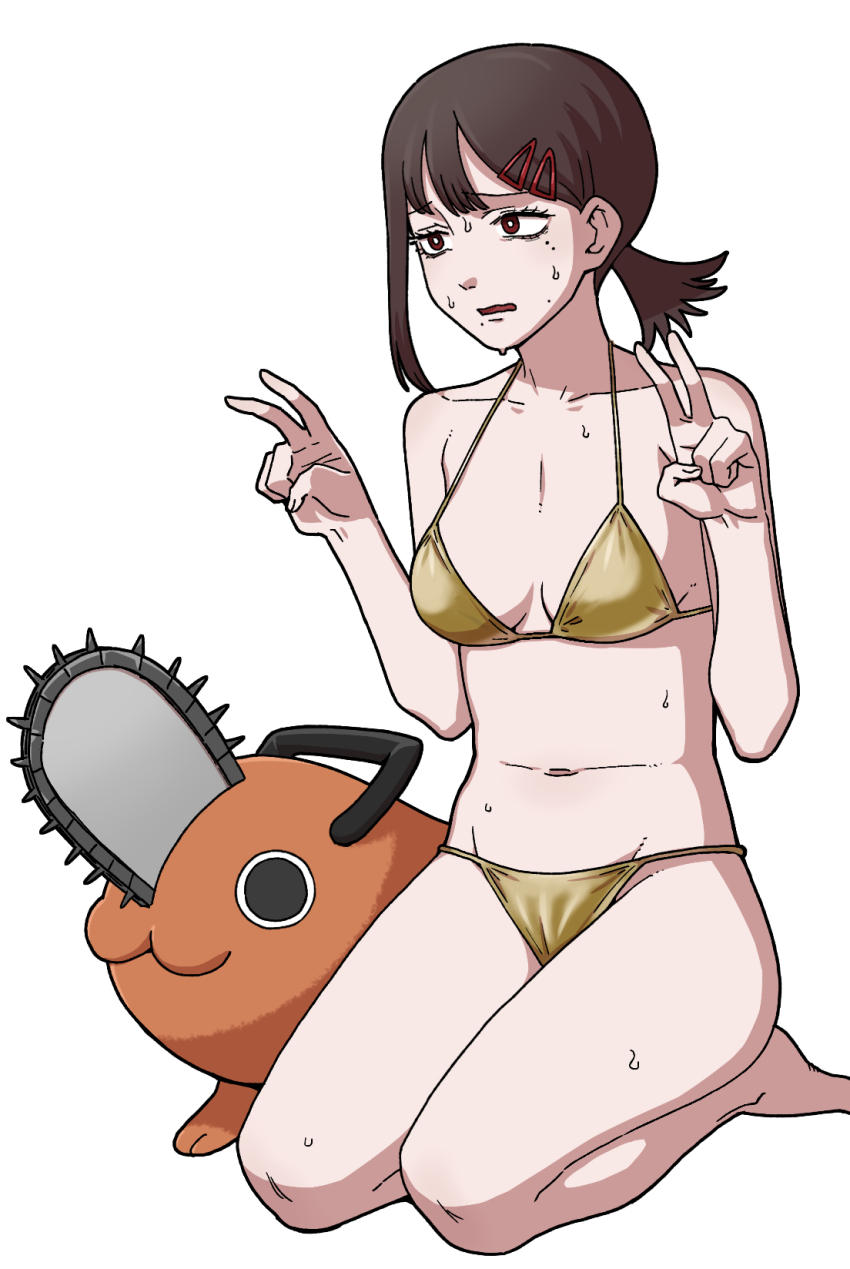 1girl bikini breasts brown_eyes brown_hair chainsaw_man double_v gold_bikini hair_ornament hairclip higashiyama_kobeni highres mole mole_under_eye multiple_moles navel nutkingcall pochita_(chainsaw_man) ponytail seiza short_ponytail simple_background single_sidelock sitting small_breasts sweat swimsuit v white_background