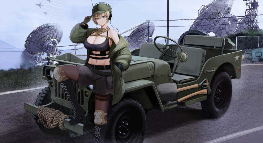 1girl absurdres bare_shoulders baseball_cap black_boots black_shirt black_shorts blonde_hair blue_eyes boots breasts brown_pantyhose character_request cleavage commission crop_top green_hat green_jacket hand_on_headwear hand_up hat headphones highres indie_virtual_youtuber jacket jeepney kcar66t knee_boots knee_pads large_breasts leg_up long_sleeves looking_at_viewer midriff military_jeep motor_vehicle navel off_shoulder open_clothes open_jacket outdoors pantyhose pixiv_commission puffy_long_sleeves puffy_sleeves radar_dish shirt short_hair shorts sleeveless sleeveless_shirt solo spaghetti_strap stomach vehicle_request virtual_youtuber