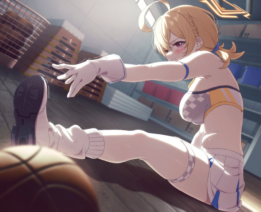 1girl ahoge ball bare_shoulders basketball_(object) belly blonde_hair blue_archive blush braid breasts clenched_teeth commentary_request crop_top dutch_angle fat_rolls from_side gloves gym_storeroom halo highres huge_ahoge indoors keita_(kta0) kotori_(blue_archive) kotori_(cheer_squad)_(blue_archive) large_breasts loose_socks medium_hair miniskirt official_alternate_costume on_floor outstretched_arm paid_reward_available plump profile red_eyes shoes single_braid skirt socks solo spread_legs stretching tears teeth thigh_strap vaulting_horse white_gloves white_shoes white_skirt white_socks