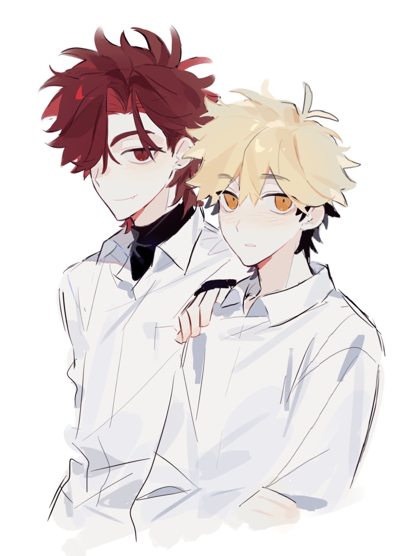 2boys absurdres aged_down antenna_hair black_hair black_shirt blonde_hair blush child chinese_commentary closed_mouth collared_shirt hair_between_eyes hair_over_one_eye hand_on_another&#039;s_shoulder height_difference highres huachajiangqwq long_sleeves looking_at_viewer male_focus multicolored_hair multiple_boys orange_eyes parted_lips red_eyes red_hair shiguang_dailiren shirt short_hair simple_background smile turtleneck two-tone_hair undershirt upper_body white_background white_shirt xia_fei xiao_weiying yaoi