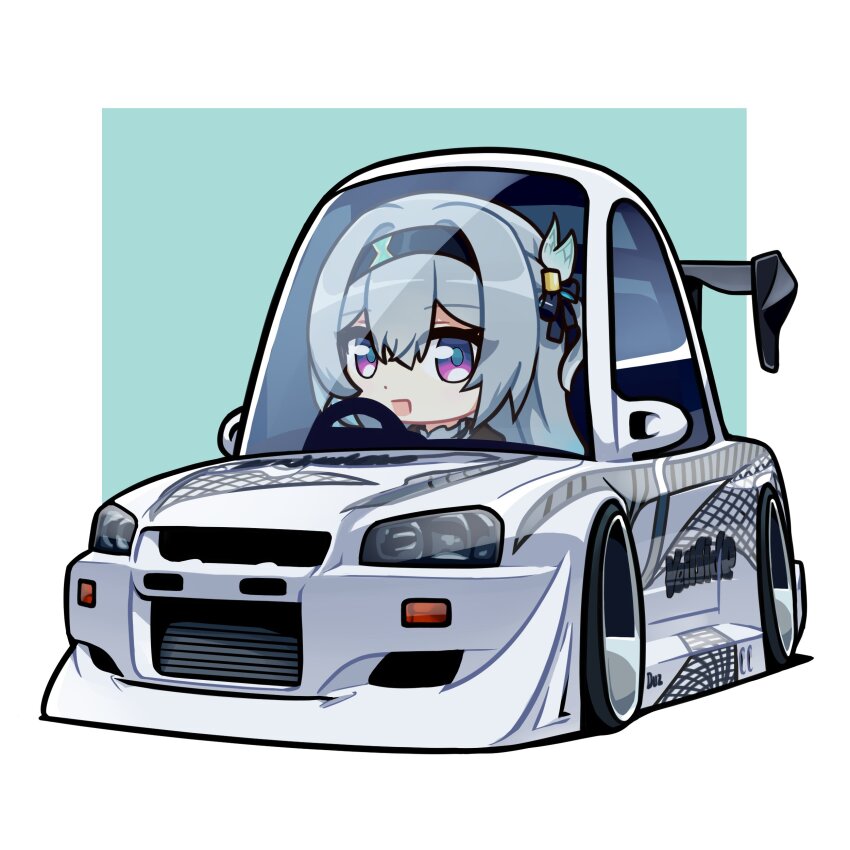 1girl absurdres aqua_background black_hairband border car chibi commentary duz english_commentary firefly_(honkai:_star_rail) hair_intakes hairband highres honkai:_star_rail honkai_(series) long_hair motor_vehicle nissan nissan_skyline nissan_skyline_gt-r nissan_skyline_r34 purple_eyes shadow smile solo spoiler_(automobile) sports_car stance_(vehicle) vehicle_focus white_border