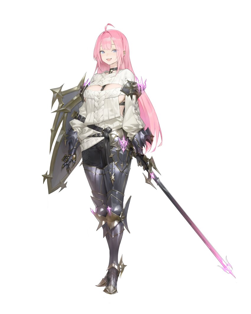 1girl absurdres armor blue_eyes breasts cleavage_cutout clothing_cutout commentary ear_piercing english_commentary fang gauntlets gloves greaves highres holding holding_sword holding_weapon jung_wonjo knight large_breasts long_hair long_sleeves long_sword looking_at_viewer open_mouth original piercing pink_hair pink_pupils poleyn rerebrace ribbed_sweater sabaton shield side_cutout simple_background skin_fang smile solo sweater sword weapon white_background white_sweater