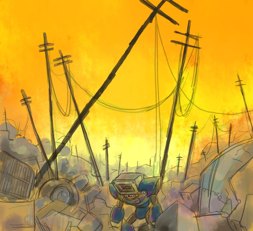 capcom debris dusk dust_man junk mega_man_(classic) mega_man_(series) mega_man_4 no_humans power_lines rubble ruins solo sunset ugumiso unused_tire utility_pole wire