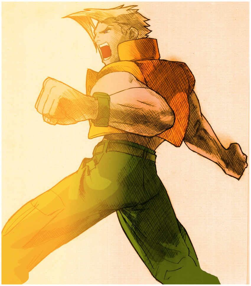 1boy angry bengus blonde_hair brown_eyes capcom charlie_nash clenched_hands facing_to_the_side fighting_stance game_cg glasses highres jacket male_focus marvel marvel_vs._capcom marvel_vs._capcom_2 muscular muscular_male non-web_source official_art scan sidelighting simple_background sleeveless solo street_fighter vest