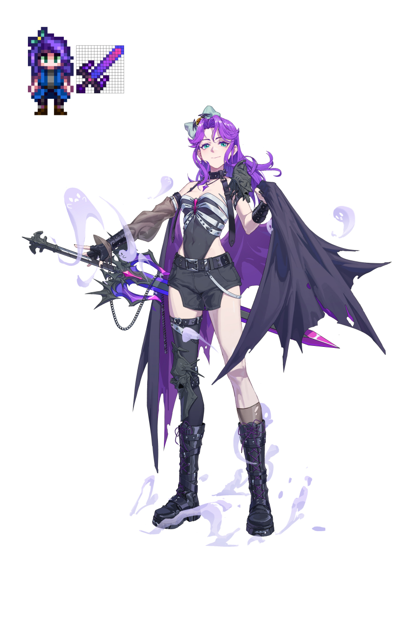1girl abigail_(stardew_valley) absurdres alternate_costume aqua_bow black_boots black_cape black_gloves black_nails black_shorts black_thighhighs boots bow breasts cape closed_mouth commentary_request covered_navel fingerless_gloves fingernails floating_hair ghost gloves green_eyes hair_bow highres lnk17 long_hair looking_at_viewer pixel_art_inset purple_hair short_shorts shorts simple_background single_thighhigh small_breasts stardew_valley sword thighhighs torn_cape torn_clothes weapon white_background