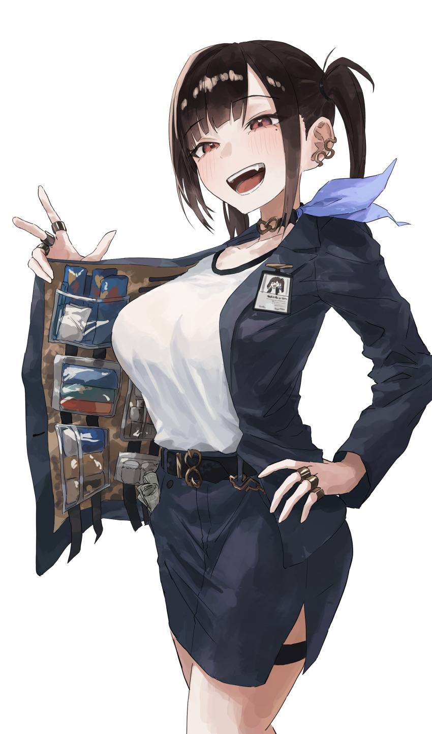 1girl absurdres black_choker black_hair black_jacket black_skirt breasts brown_eyes choker collarbone contraband earrings fang goddess_of_victory:_nikke hand_on_own_hip highres id_card jacket jewelry large_breasts muginosa open_clothes open_jacket open_mouth opened_by_self pencil_skirt ponytail ring shirt simple_background skirt snake_earrings solo sora_(nikke) thigh_strap white_shirt